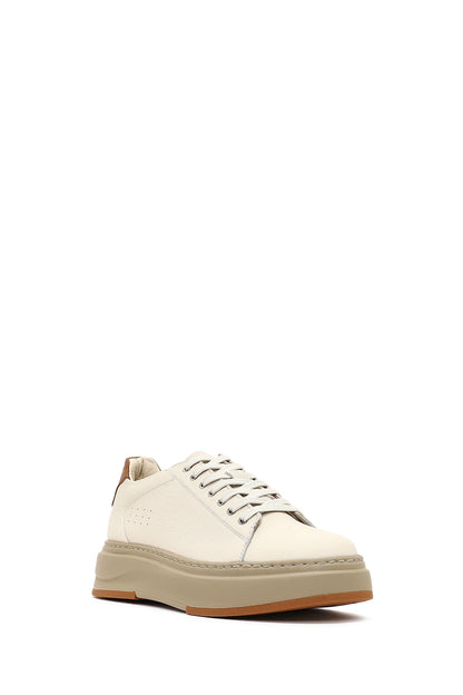 Erkek Beyaz Bağcıklı Kalın Tabanlı Deri Sneaker
