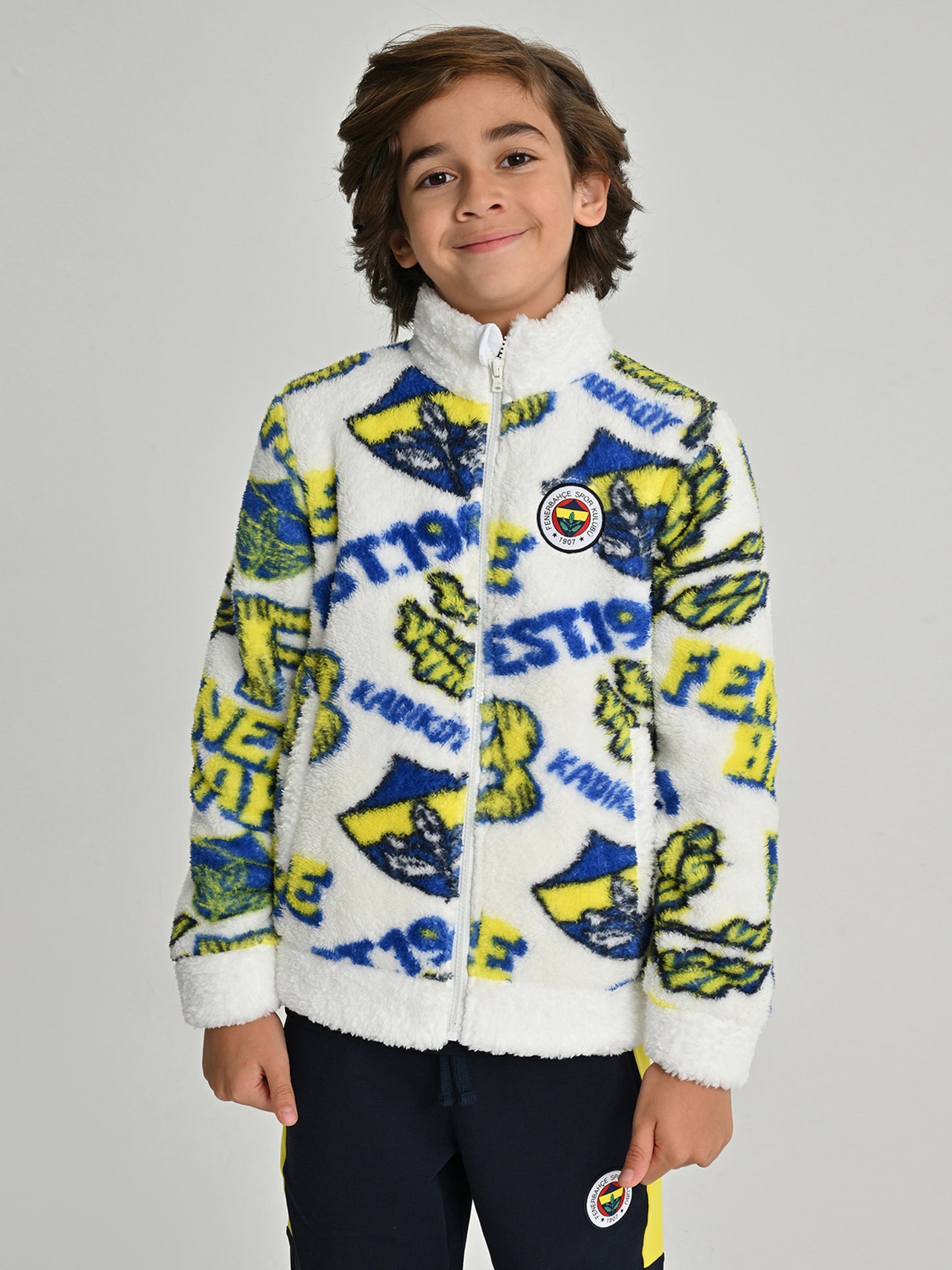 Fenerbahçe Beyaz Tribün Patternli Peluş Çocuk Sweatshirt