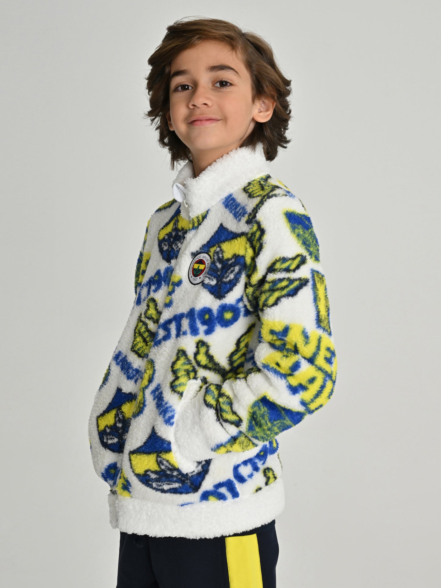 Fenerbahçe Beyaz Tribün Patternli Peluş Çocuk Sweatshirt