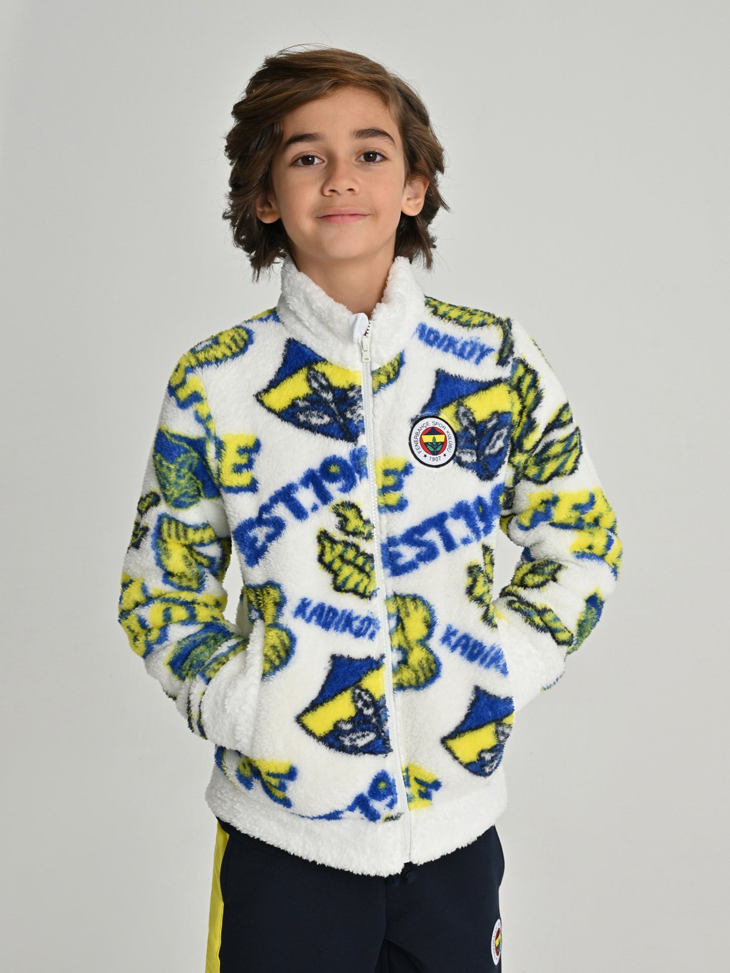 Fenerbahçe Beyaz Tribün Patternli Peluş Çocuk Sweatshirt