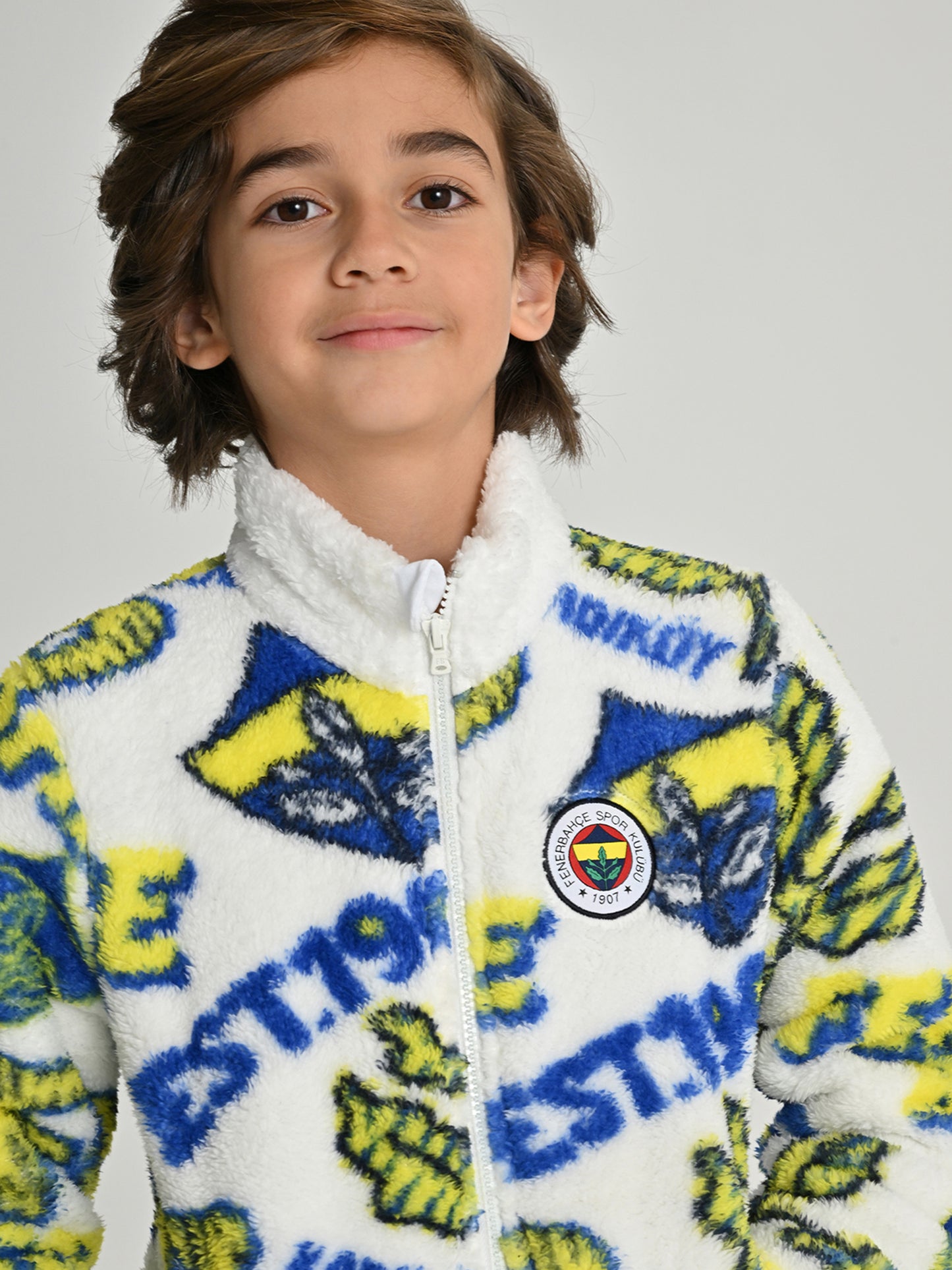Fenerbahçe Beyaz Tribün Patternli Peluş Çocuk Sweatshirt