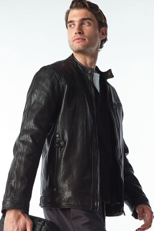 Towns Erkek Siyah Slim-fit Kısa Deri Ceket