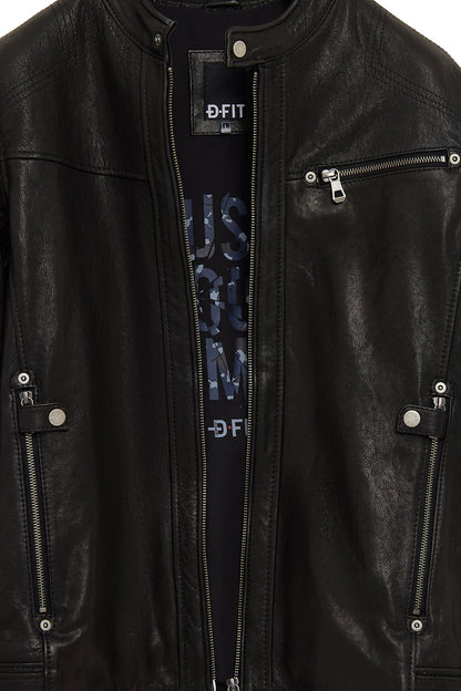 Towns Erkek Siyah Slim-fit Kısa Deri Ceket
