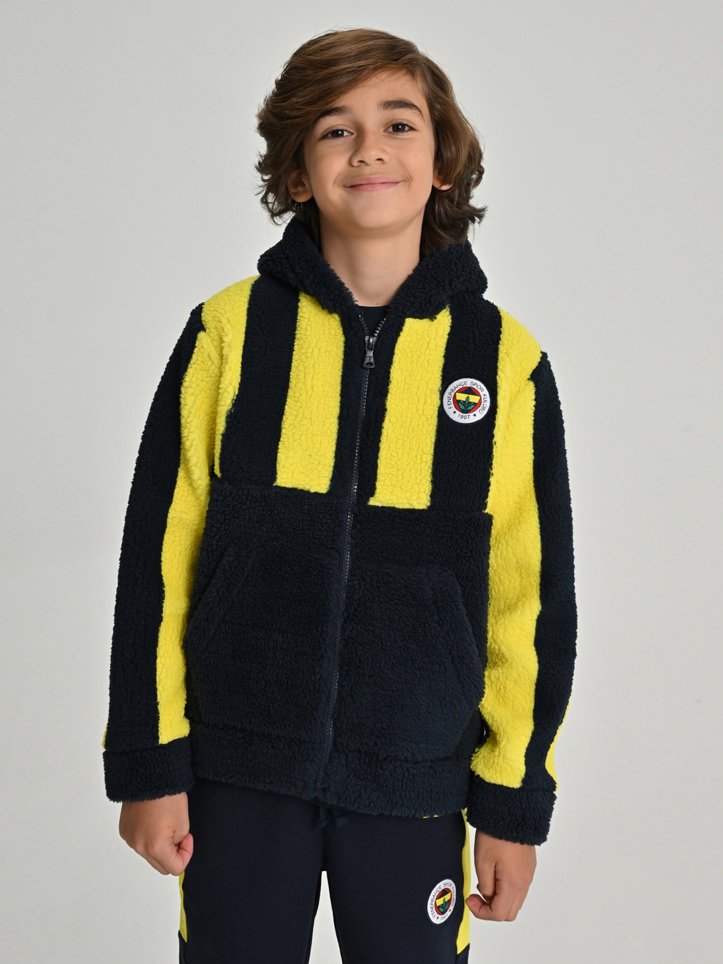 Fenerbahçe Sarı Lacivert Tribün Çubuklu Peluş Çocuk Sweatshirt