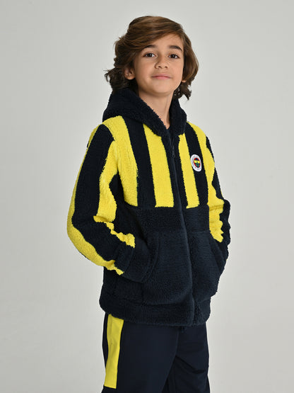Fenerbahçe Sarı Lacivert Tribün Çubuklu Peluş Çocuk Sweatshirt