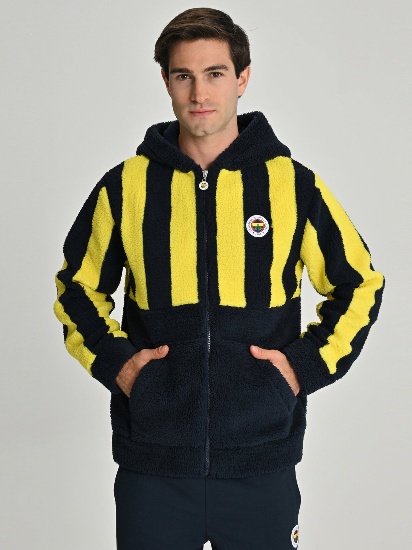 Fenerbahçe Sarı Lacivert Tribün Çubuklu Peluş Erkek Sweatshirt