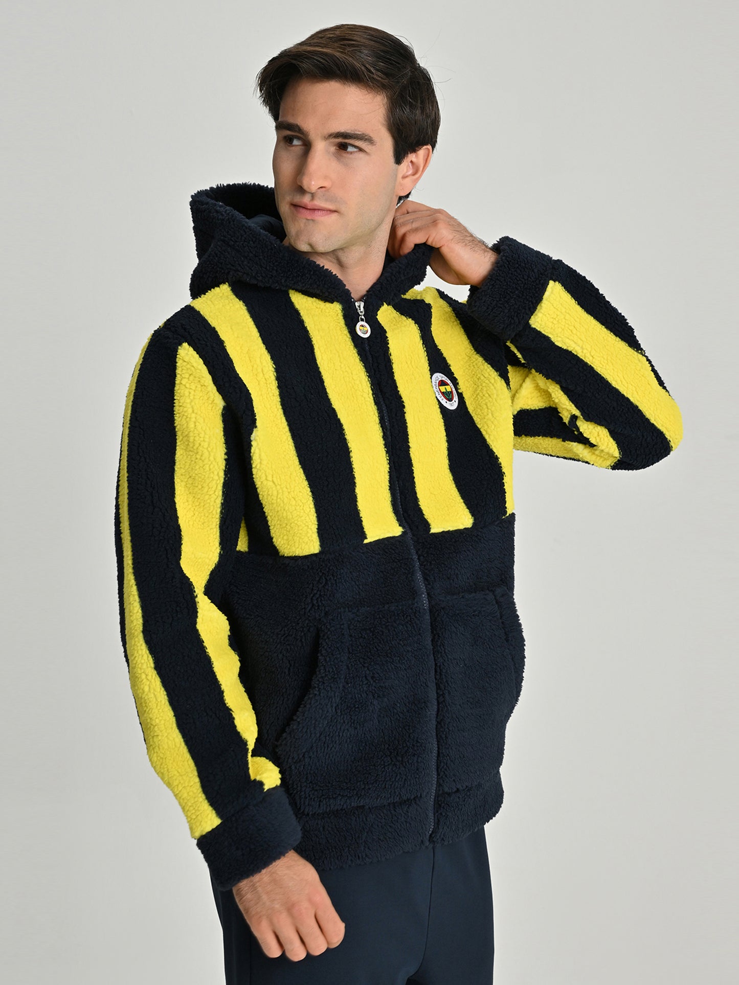 Fenerbahçe Sarı Lacivert Tribün Çubuklu Peluş Erkek Sweatshirt