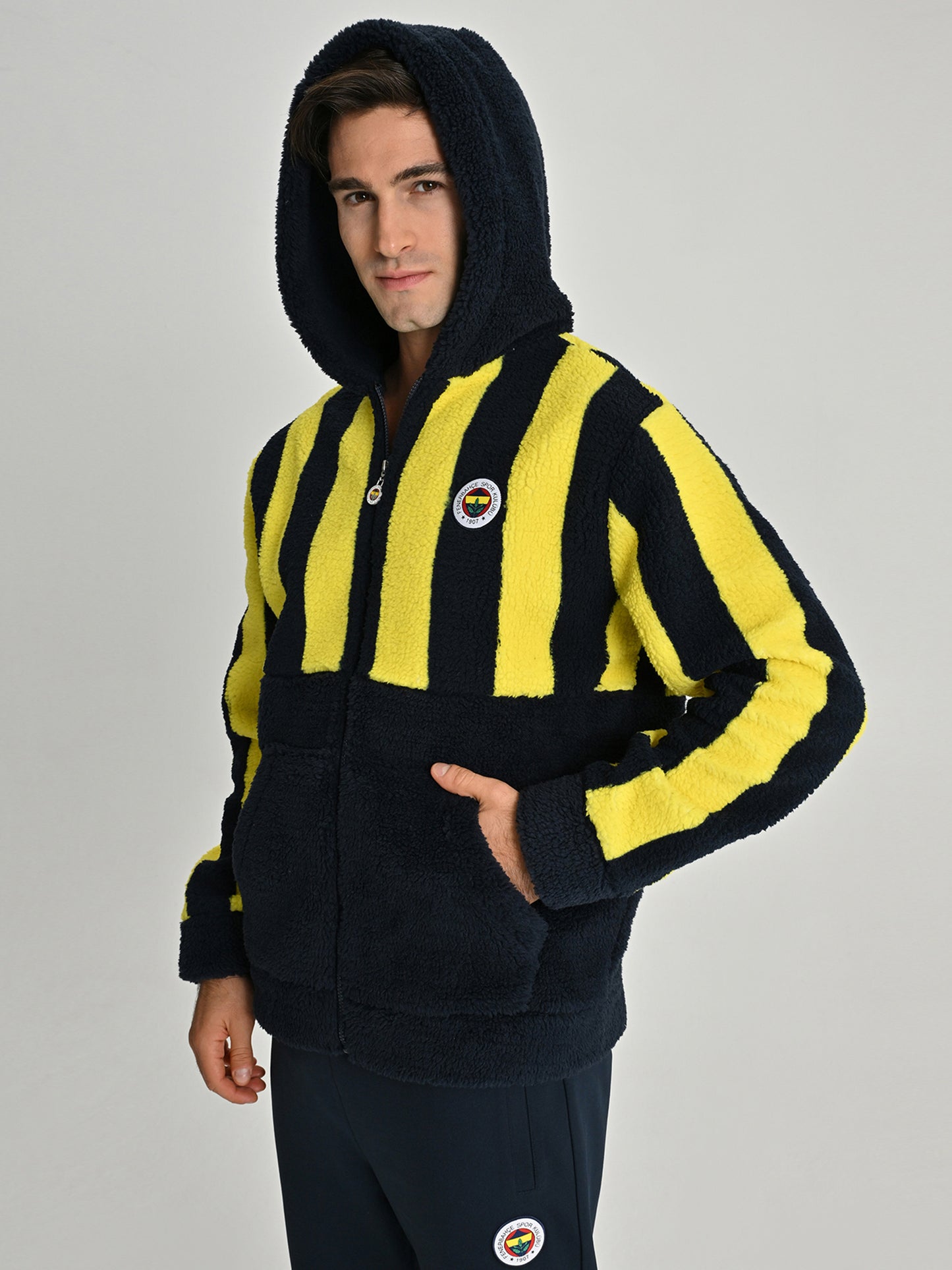 Fenerbahçe Sarı Lacivert Tribün Çubuklu Peluş Erkek Sweatshirt