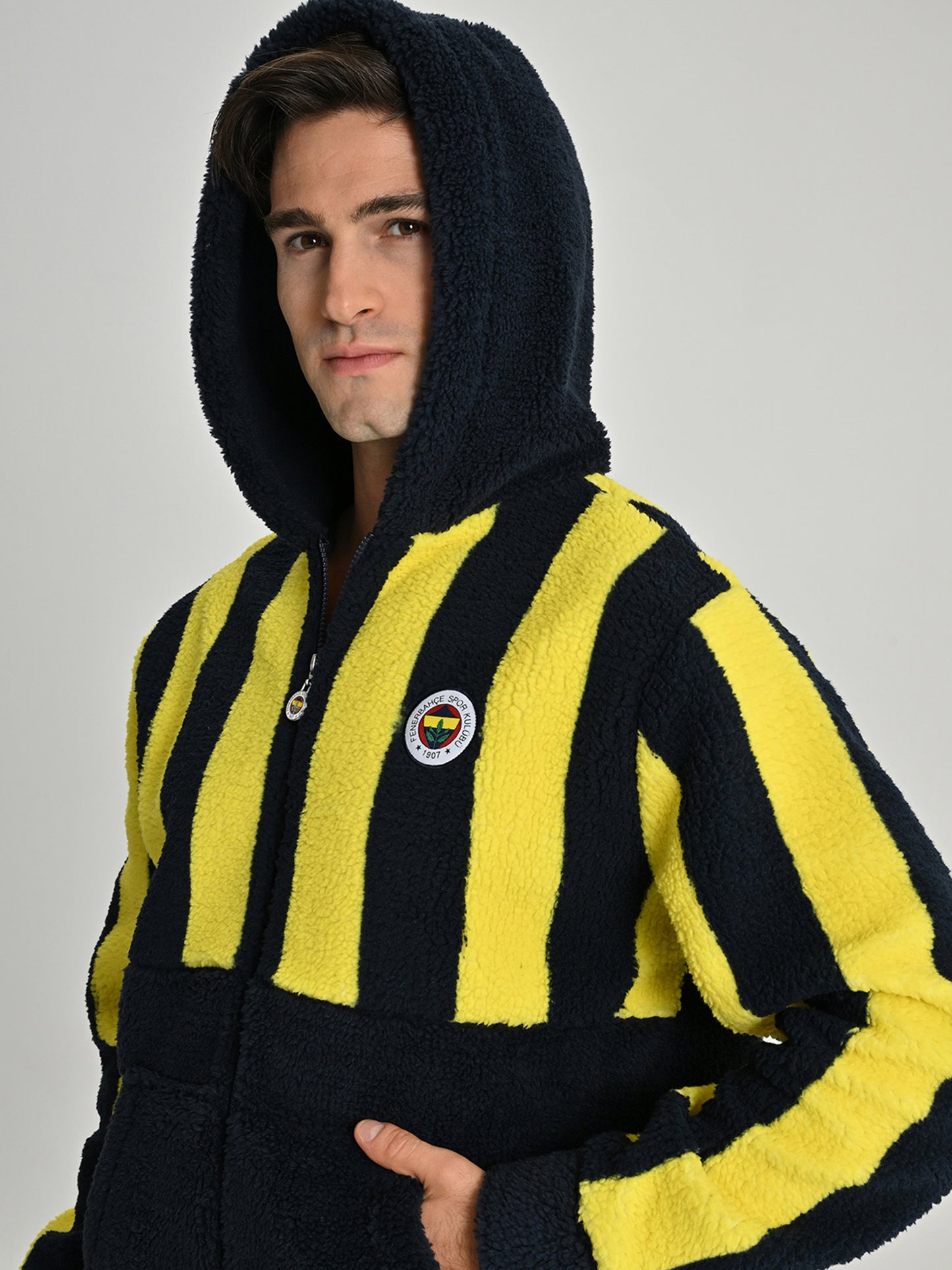 Fenerbahçe Sarı Lacivert Tribün Çubuklu Peluş Erkek Sweatshirt