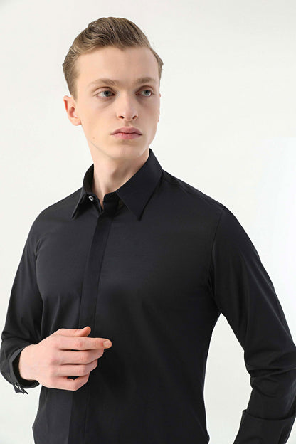 Tween Slim Fit Siyah Düz Easy Care Gömlek