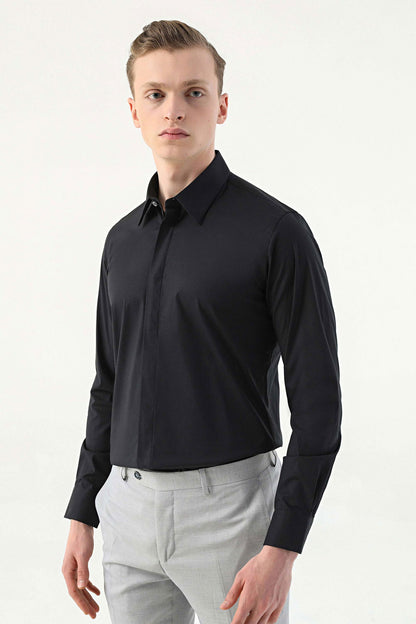 Tween Slim Fit Siyah Düz Easy Care Gömlek