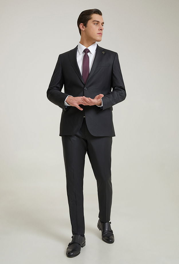 Damat Slim Fit Siyah Düz Superfine Wool Takim Elbise