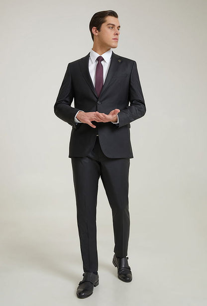 Damat Slim Fit Siyah Düz Superfine Wool Takim Elbise