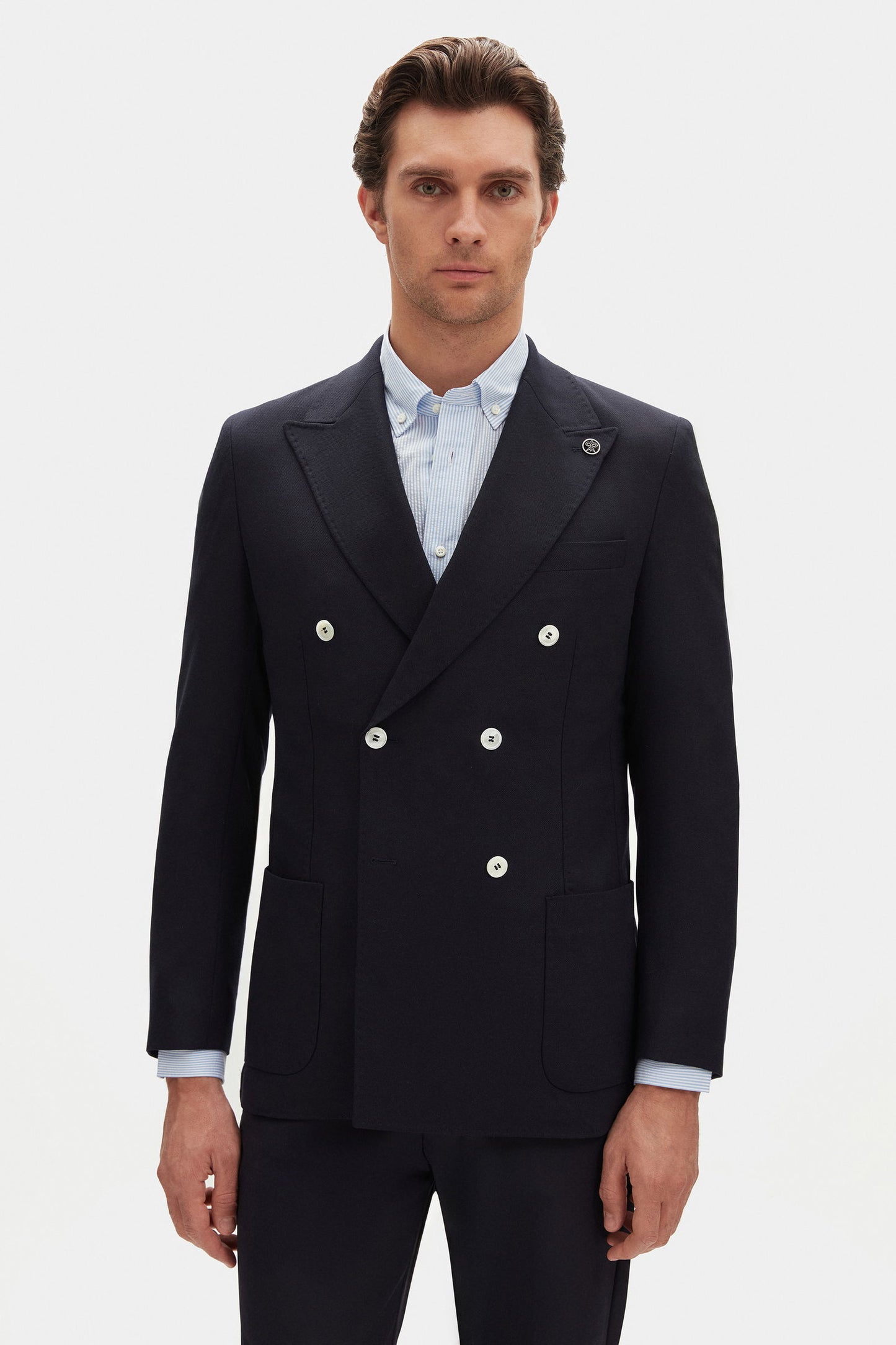 Damat Regular Fit Lacivert Loro Piana Kumaşıyla Üretilmiş Kruvaze Kumaş Ceket