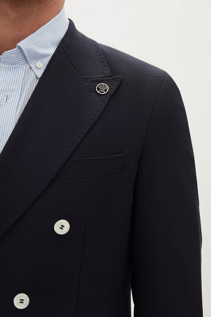 Damat Regular Fit Lacivert Loro Piana Kumaşıyla Üretilmiş Kruvaze Kumaş Ceket