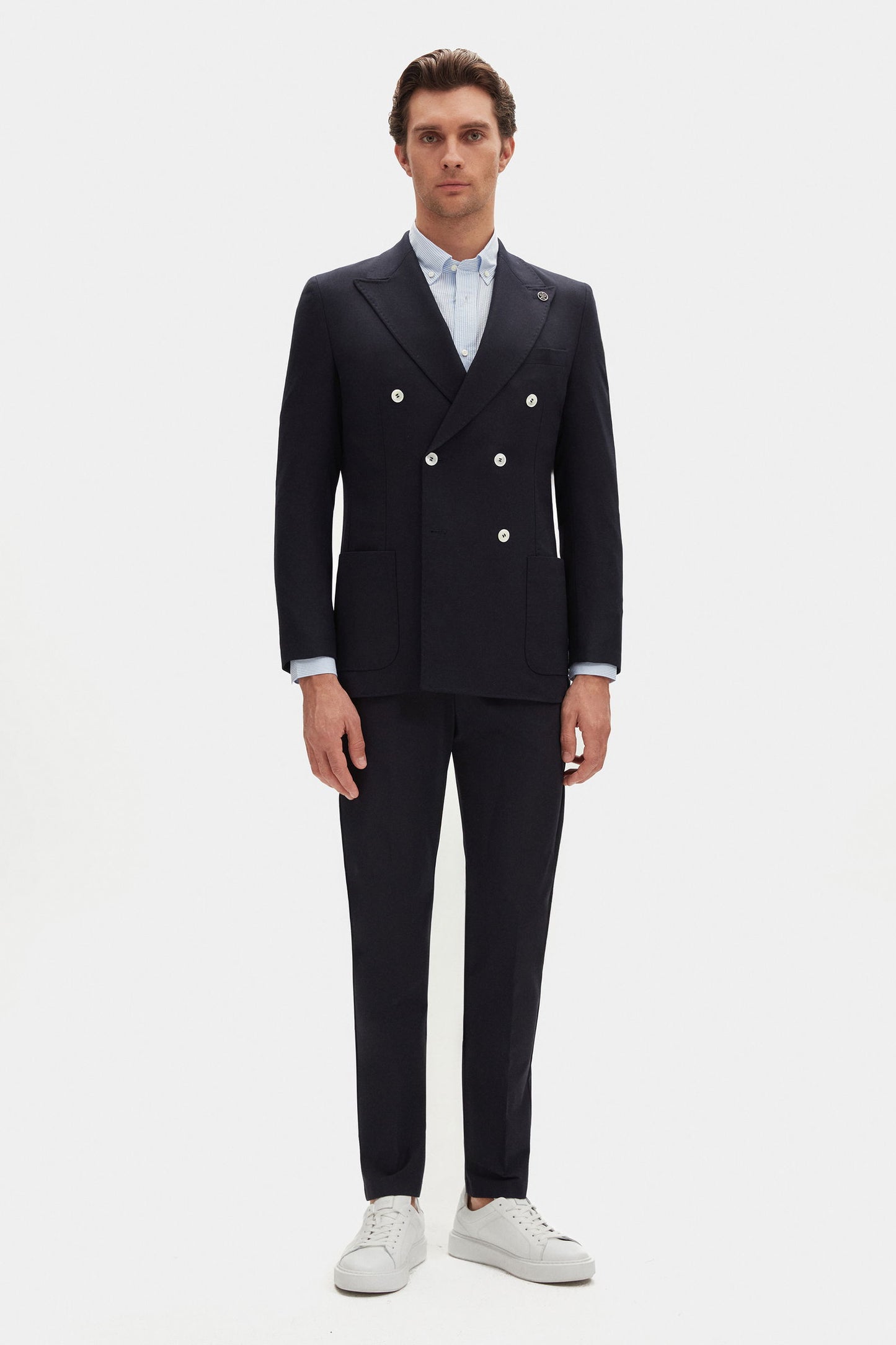 Damat Regular Fit Lacivert Loro Piana Kumaşıyla Üretilmiş Kruvaze Kumaş Ceket