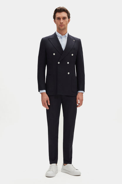 Damat Regular Fit Lacivert Loro Piana Kumaşıyla Üretilmiş Kruvaze Kumaş Ceket