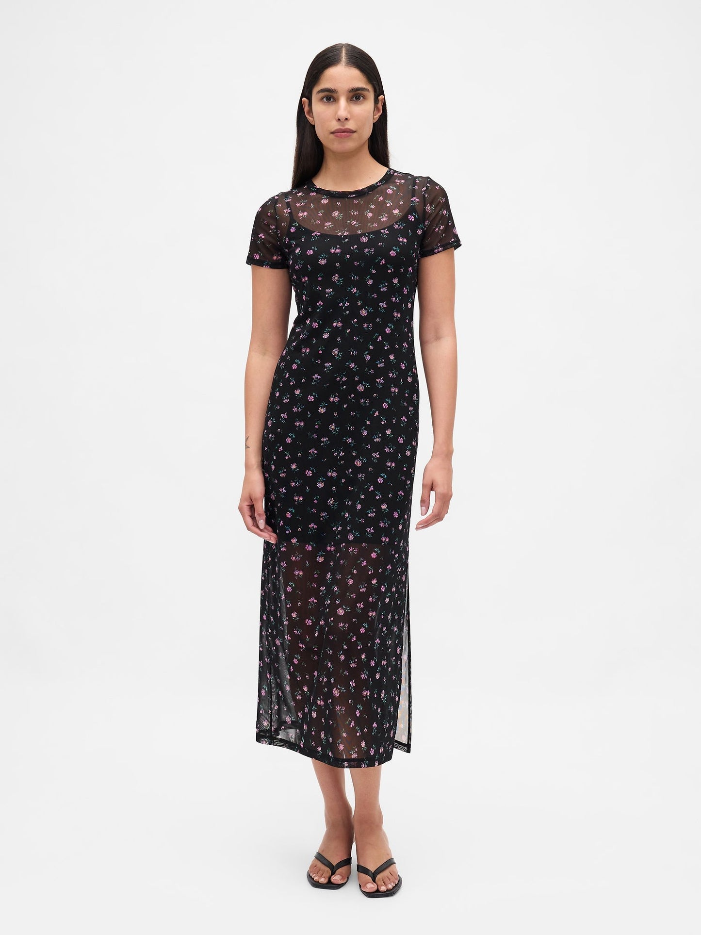 Çiçek Desenli Mesh Maxi Elbise
