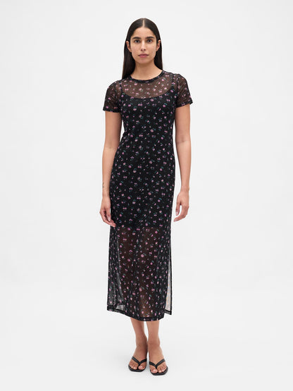 Çiçek Desenli Mesh Maxi Elbise