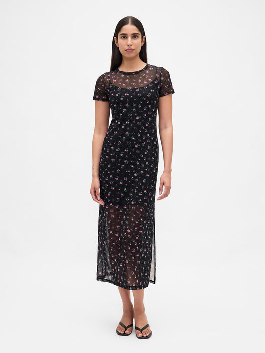 Çiçek Desenli Mesh Maxi Elbise