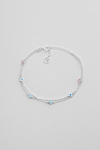 Minimal Nazar 18 Ayar Beyaz Altın Kaplama 19 Cm Gümüş Ikili Bileklik 5212061399