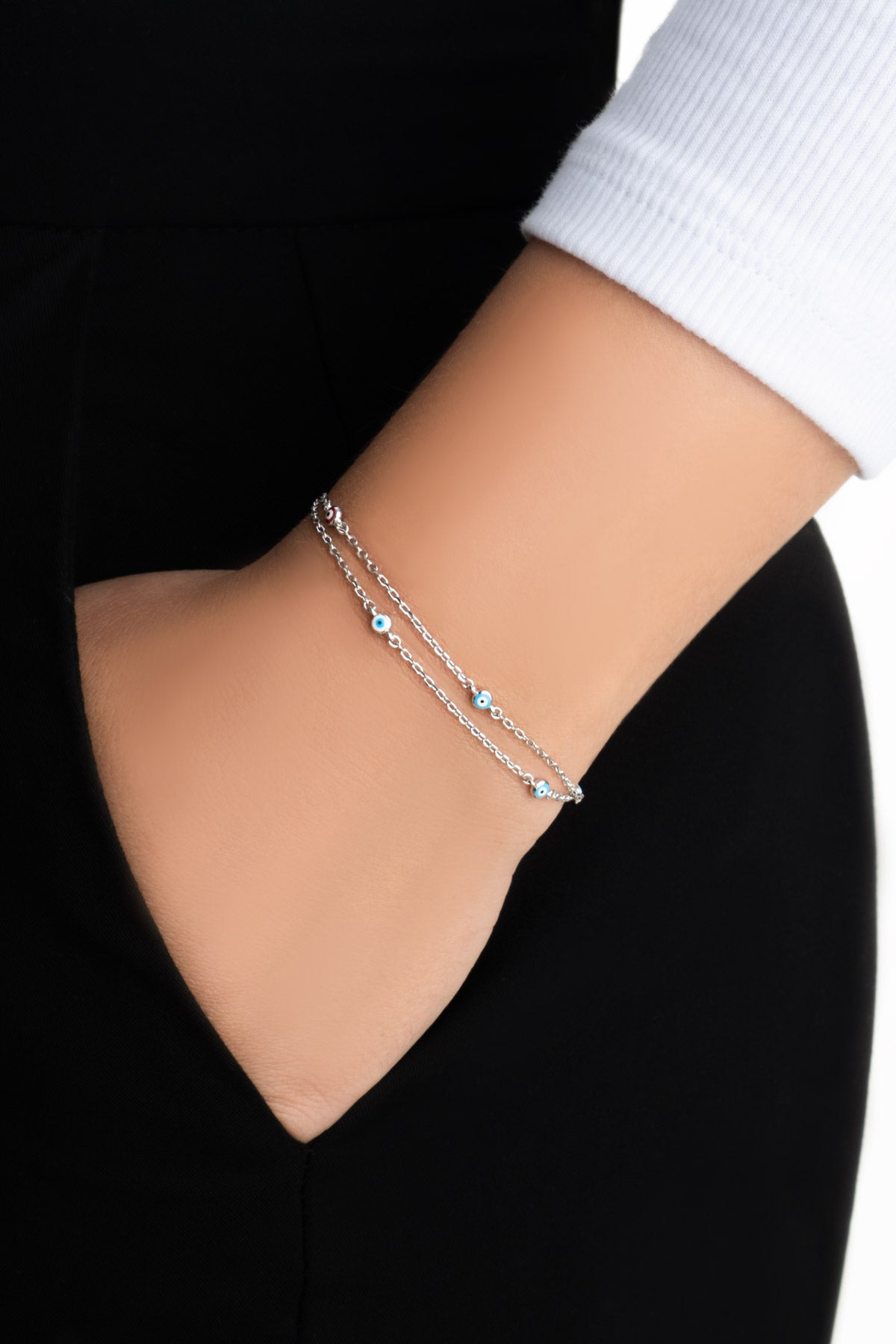 Minimal Nazar 18 Ayar Beyaz Altın Kaplama 19 Cm Gümüş Ikili Bileklik 5212061399
