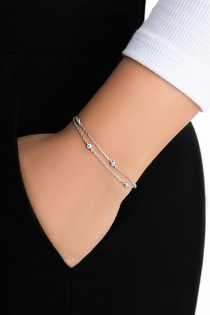 Minimal Nazar 18 Ayar Beyaz Altın Kaplama 19 Cm Gümüş Ikili Bileklik 5212061399