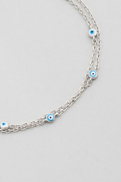 Minimal Nazar 18 Ayar Beyaz Altın Kaplama 19 Cm Gümüş Ikili Bileklik 5212061399
