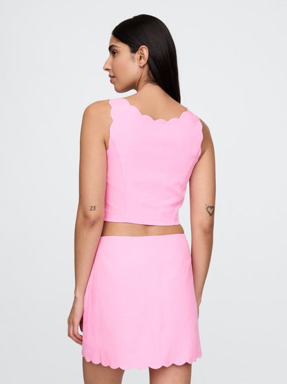 Pembe Keten Karışımlı Crop Askılı Bluz