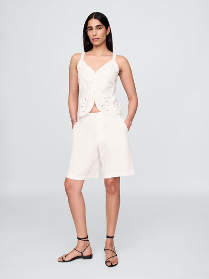 Beyaz Keten Karışımlı Eyelet Peplum Bluz