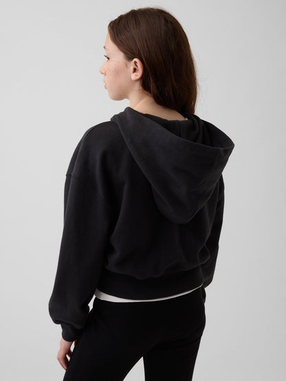 Siyah Vintagesoft Terry Oversized Crop Logo Fermuarlı Sweatshirt