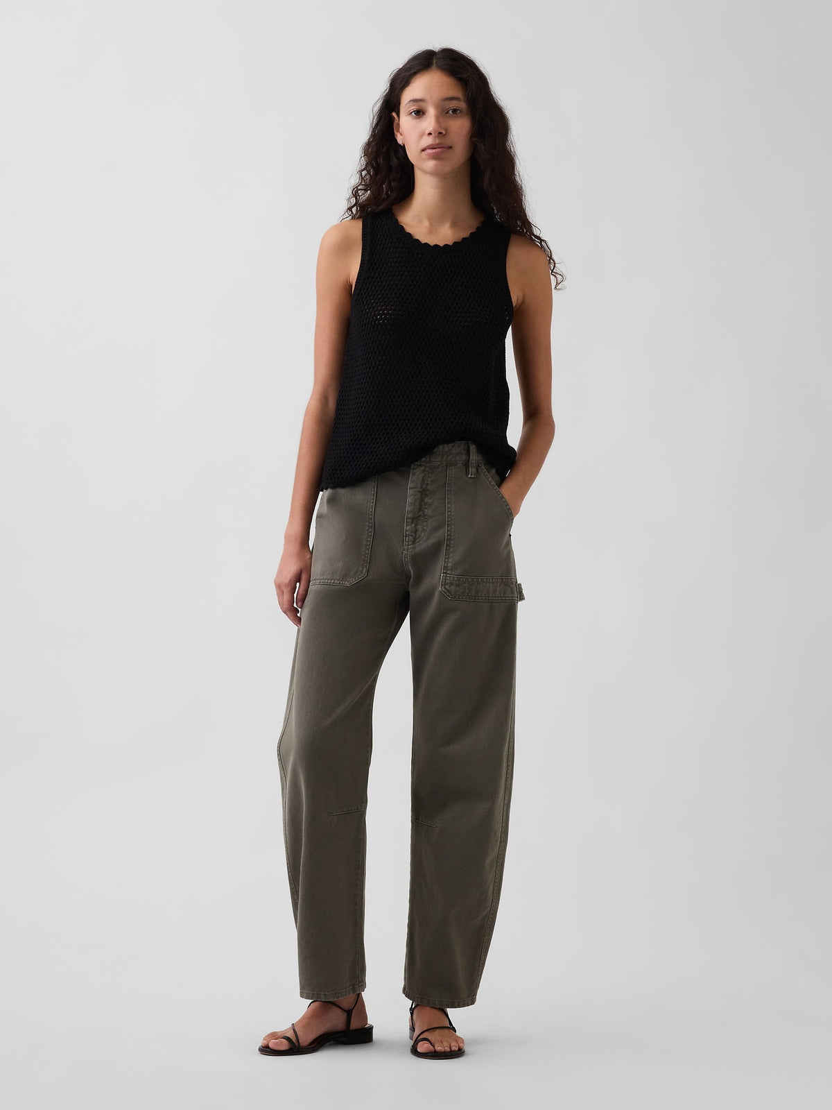 Haki Mid Rise Barrel Utility Ankle Pantolon