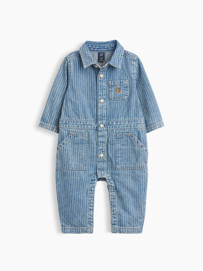 Mavi Denim Çizgili Utility Tulum