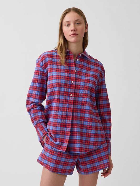 Açık Mavi Seersucker Kareli Oversized Gömlek