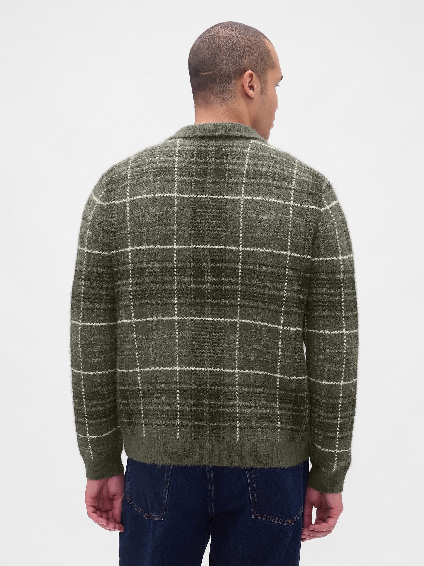 Yeşil Fermuarlı Kareli Brushed Hırka