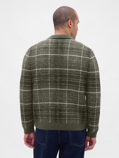 Yeşil Fermuarlı Kareli Brushed Hırka