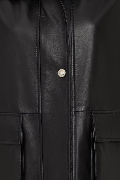 Fancy Kadın Siyah Devrik Yaka Oversize Deri Mont