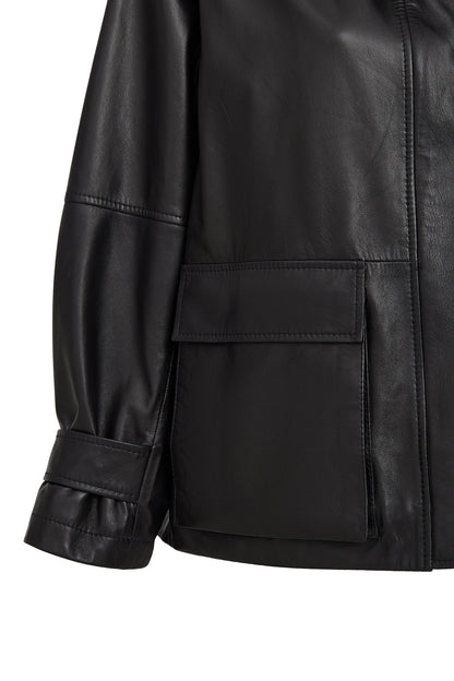 Fancy Kadın Siyah Devrik Yaka Oversize Deri Mont