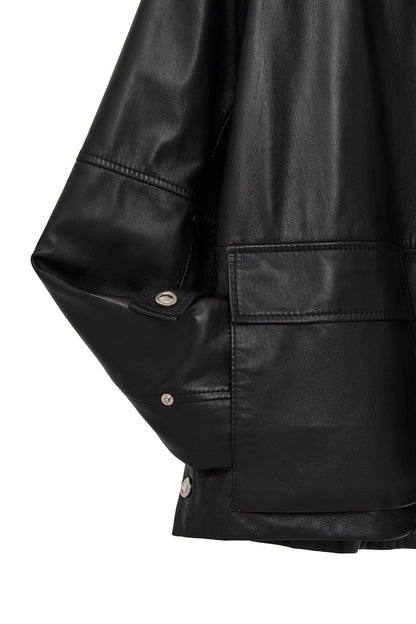 Fancy Kadın Siyah Devrik Yaka Oversize Deri Mont