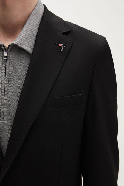 Tween Slim Fit Siyah Armürlü Kumaş Ceket