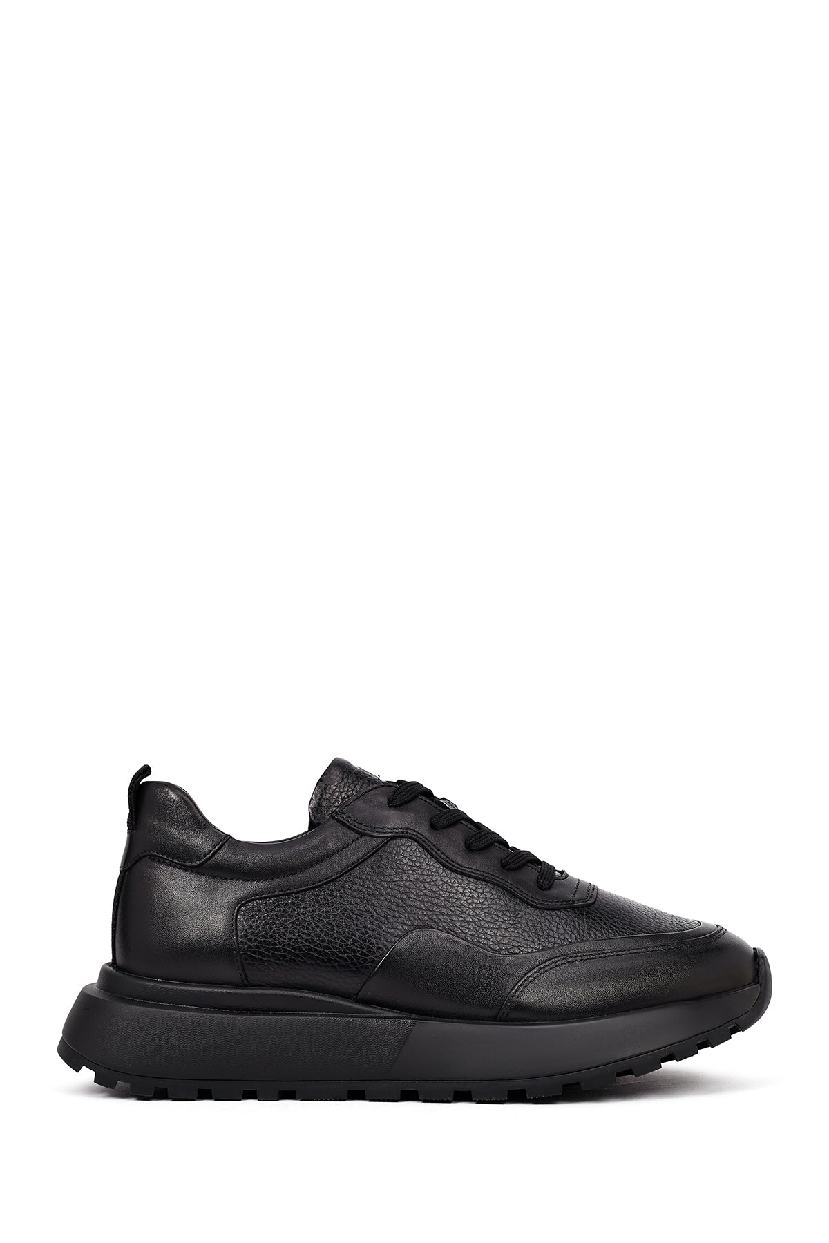 Erkek Siyah Bağcıklı Kalın Tabanlı Deri Sneaker