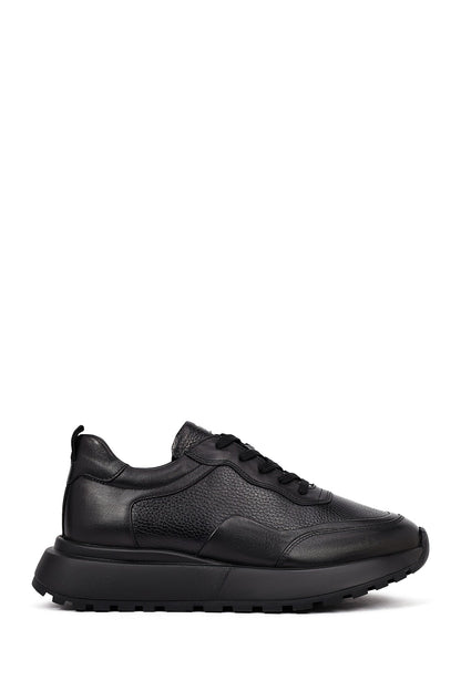 Erkek Siyah Bağcıklı Kalın Tabanlı Deri Sneaker