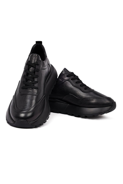 Erkek Siyah Bağcıklı Kalın Tabanlı Deri Sneaker