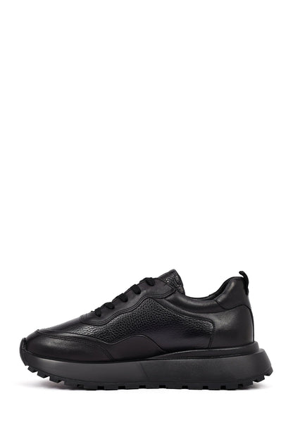 Erkek Siyah Bağcıklı Kalın Tabanlı Deri Sneaker