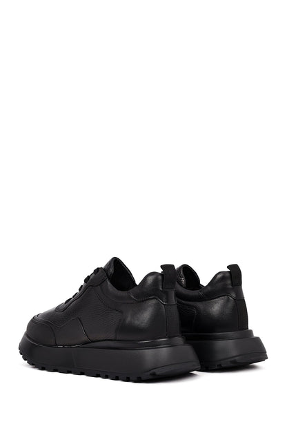 Erkek Siyah Bağcıklı Kalın Tabanlı Deri Sneaker