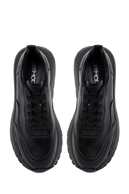 Erkek Siyah Bağcıklı Kalın Tabanlı Deri Sneaker