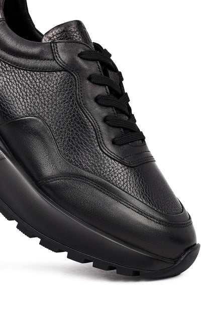 Erkek Siyah Bağcıklı Kalın Tabanlı Deri Sneaker