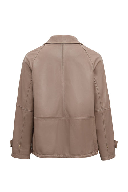 Fancy Kadın Bej Devrik Yaka Oversize Deri Mont