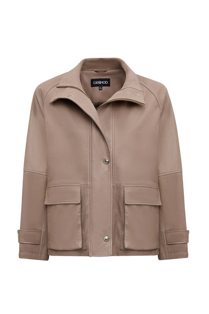 Fancy Kadın Bej Devrik Yaka Oversize Deri Mont