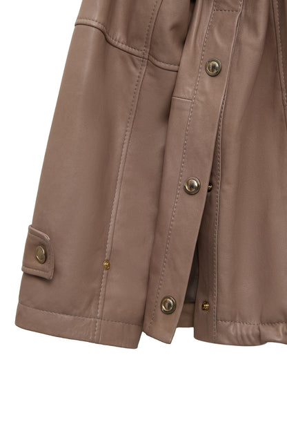 Fancy Kadın Bej Devrik Yaka Oversize Deri Mont